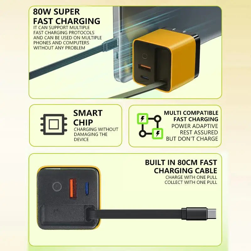 FlashDock Trio – 3-in-1 Retractable 80W GaN Fast Charger with Type-C Cable & Dual USB Ports