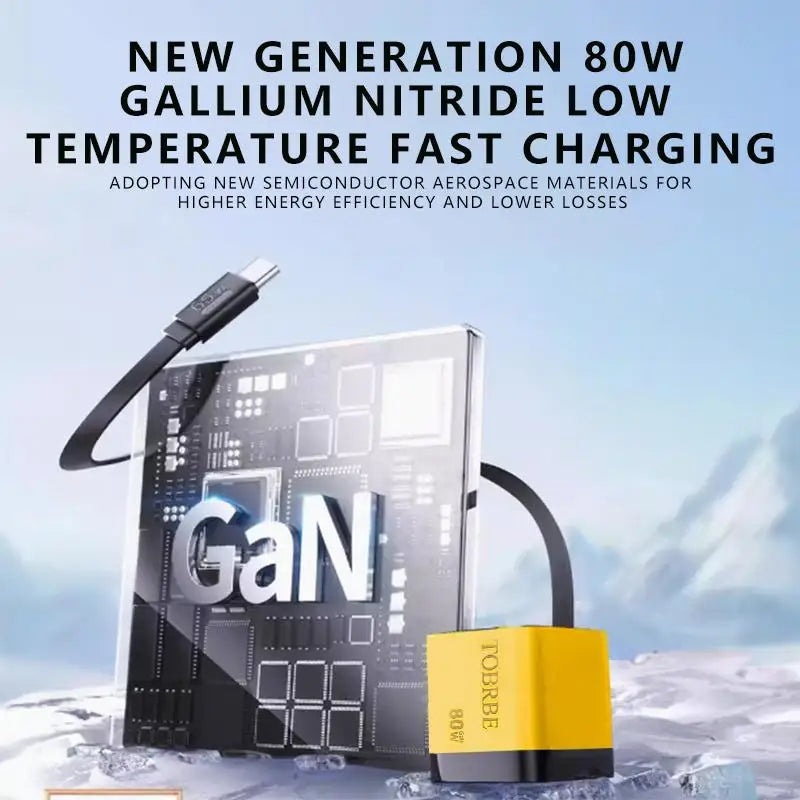 FlashDock Trio – 3-in-1 Retractable 80W GaN Fast Charger with Type-C Cable & Dual USB Ports