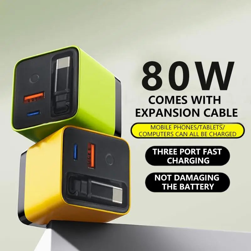 FlashDock Trio – 3-in-1 Retractable 80W GaN Fast Charger with Type-C Cable & Dual USB Ports