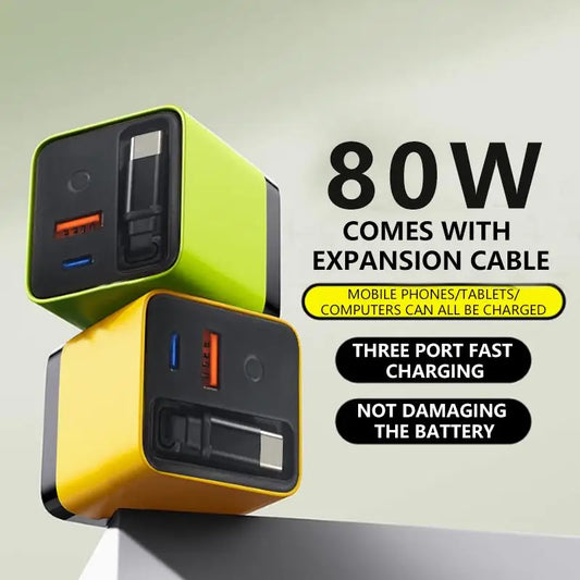 FlashDock Trio – 3-in-1 Retractable 80W GaN Fast Charger with Type-C Cable & Dual USB Ports