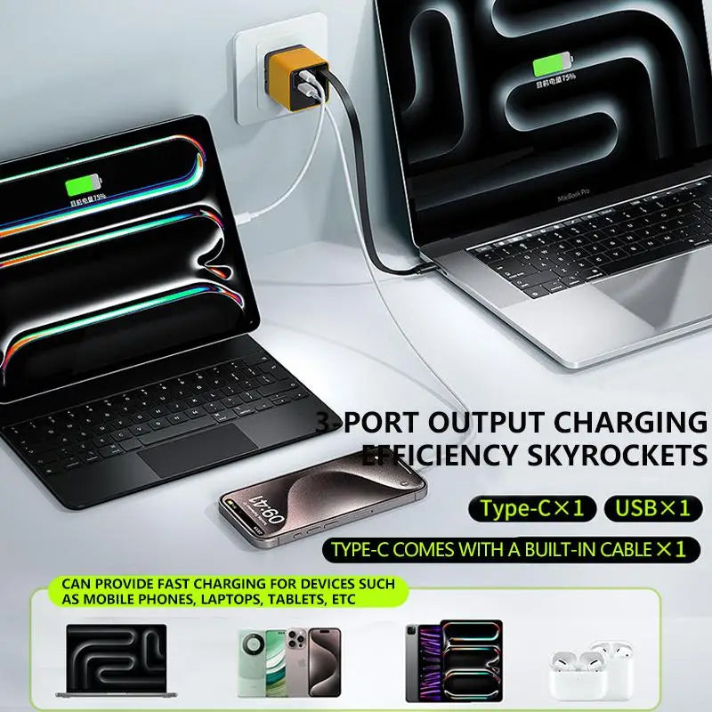 FlashDock Trio – 3-in-1 Retractable 80W GaN Fast Charger with Type-C Cable & Dual USB Ports