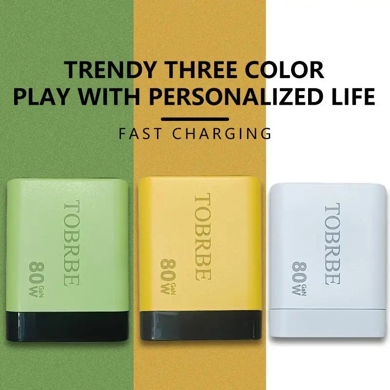 FlashDock Trio – 3-in-1 Retractable 80W GaN Fast Charger with Type-C Cable & Dual USB Ports