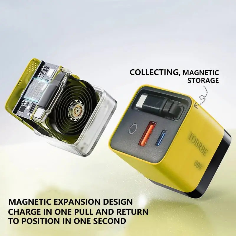 FlashDock Trio – 3-in-1 Retractable 80W GaN Fast Charger with Type-C Cable & Dual USB Ports